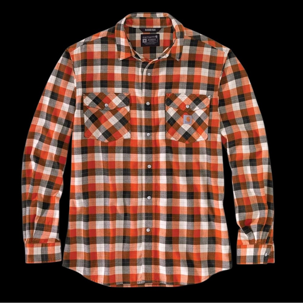 Carhartt Rugged Flex Flannel Shirt Mens 2XL Relaxed Fit Orange Plaid Snap Button
